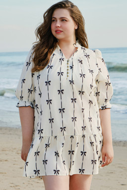 Apricot Striped Bow Print Puff Sleeve Ruffle Plus Size Mini Dress