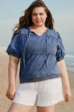 Sail Blue Plus Size Tie V Neck Puff Sleeve Denim Blouse