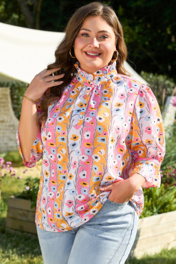 Pink Plus Size Floral Print Boho Blouse