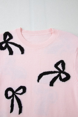 Light Pink Bow Print Long Sleeve Loose Fit Sweater