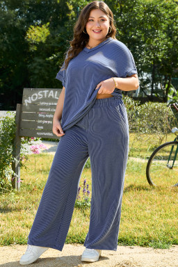 Sail Blue Plus Size Ribbed Top and Wide Leg Pants Set
