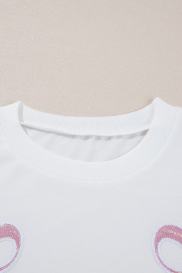 Beige Sequins Bow Valentine Drop Shoulder Loose Sweatshirt