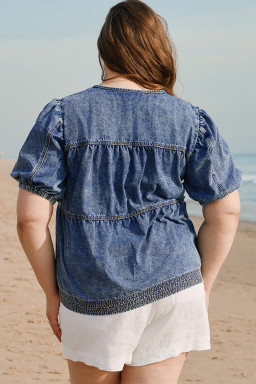 Sail Blue Plus Size Tie V Neck Puff Sleeve Denim Blouse