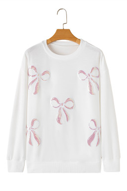 Beige Sequins Bow Valentine Drop Shoulder Loose Sweatshirt