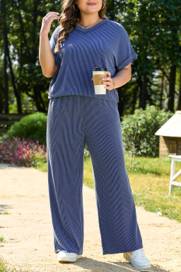Sail Blue Plus Size Ribbed Top and Wide Leg Pants Set