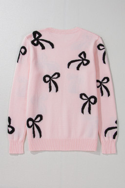 Light Pink Bow Print Long Sleeve Loose Fit Sweater