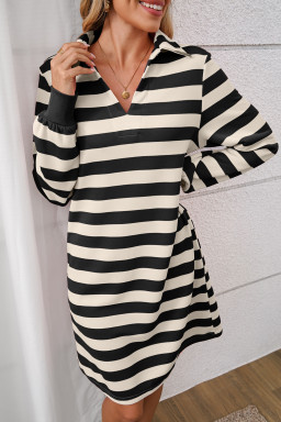 Black Stripe Pocket Collared V Neck Loose Fit Mini Dress
