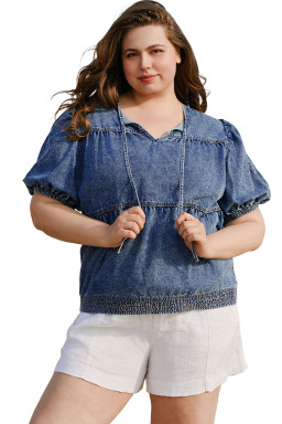 Sail Blue Plus Size Tie V Neck Puff Sleeve Denim Blouse