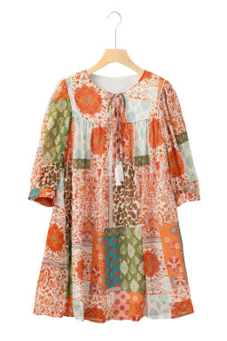 Orange Boho Paisley Mixed Print 3/4 Sleeve Chiffon Loose Dress