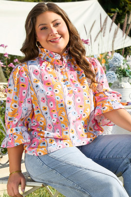 Pink Plus Size Floral Print Boho Blouse