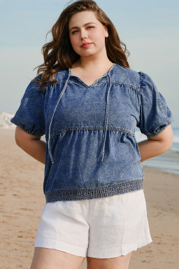 Sail Blue Plus Size Tie V Neck Puff Sleeve Denim Blouse
