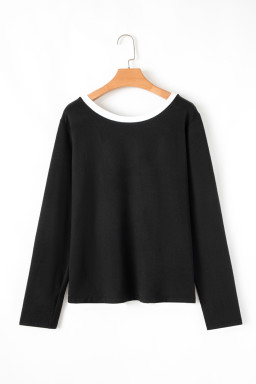Black Knitted Bow Tie Back Round Neck Long Sleeve Top