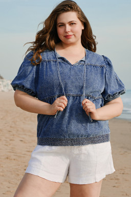Sail Blue Plus Size Tie V Neck Puff Sleeve Denim Blouse