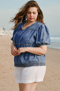 Sail Blue Plus Size Tie V Neck Puff Sleeve Denim Blouse