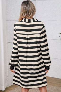Black Stripe Pocket Collared V Neck Loose Fit Mini Dress