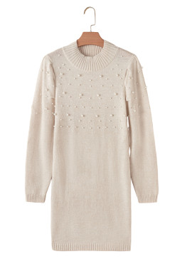 Parchment Pearl Beaded High Neck Bodycon Sweater Dress
