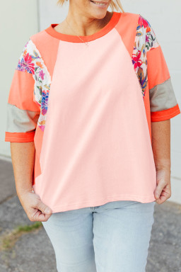 Orange Floral Patchwork Colorblock Plus Size Top