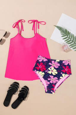 Rose Red Solid Color Cami and Floral Print Panty Tankini Set