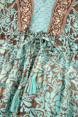 Green Boho Floral Print Backless Drawstring High Waist Maxi Dress