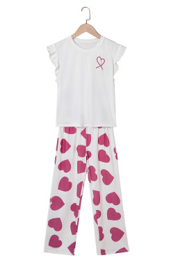Pink Heart Print Ruffle Sleeveless Top and Pants Pajama Set