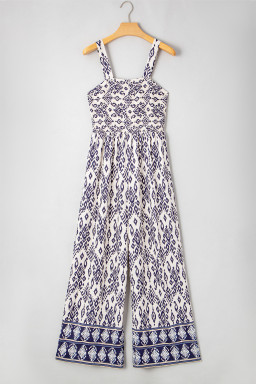 Blue Boho Geometric Print Smocked High Waist Wide Leg Jumpsuit