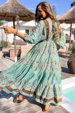 Green Boho Floral Print Backless Drawstring High Waist Maxi Dress