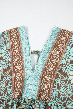 Green Boho Floral Print Backless Drawstring High Waist Maxi Dress