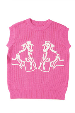 Bright Pink Horse Embroidered Round Neck Knit Vest