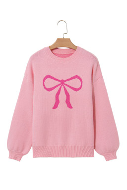 Pink Bow Round Neck Pullover Sweater