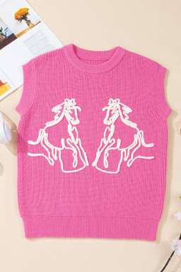 Bright Pink Horse Embroidered Round Neck Knit Vest