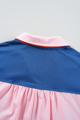 Gossamer Pink Color Block Half Buttoned Ruffled Short Sleeve Pop of Color Neckline T Shirt