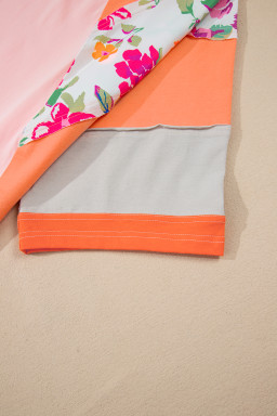 Orange Floral Patchwork Colorblock Plus Size Top
