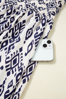 Blue Boho Geometric Print Smocked High Waist Wide Leg Jumpsuit