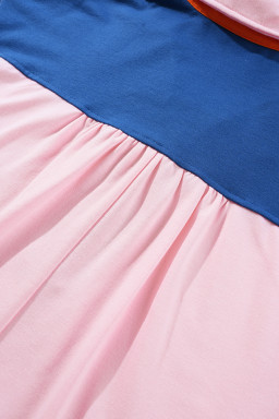 Gossamer Pink Color Block Half Buttoned Ruffled Short Sleeve Pop of Color Neckline T Shirt