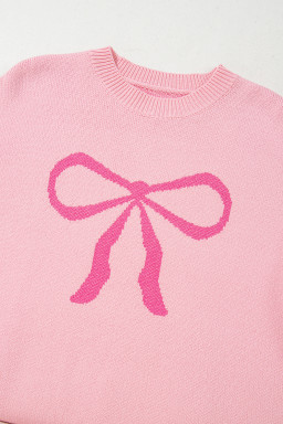 Pink Bow Round Neck Pullover Sweater