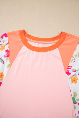 Orange Floral Patchwork Colorblock Plus Size Top
