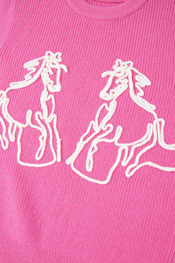 Bright Pink Horse Embroidered Round Neck Knit Vest