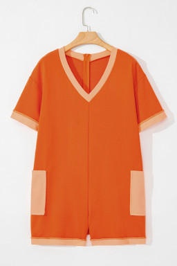 Russet Orange Two Tone Short Sleeve V Neck Patched Pocket Loose Romper