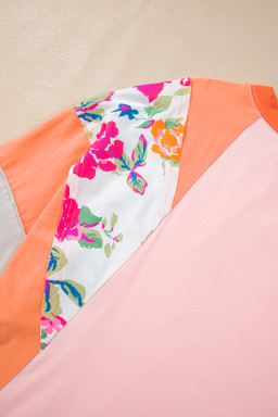 Orange Floral Patchwork Colorblock Plus Size Top