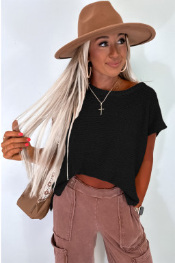 Black Solid Color Side Slits Knit Tee