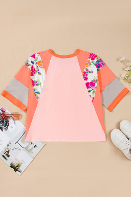 Orange Floral Patchwork Colorblock Plus Size Top