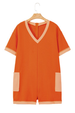 Russet Orange Two Tone Short Sleeve V Neck Patched Pocket Loose Romper