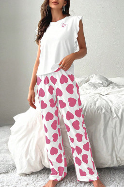 Pink Heart Print Ruffle Sleeveless Top and Pants Pajama Set