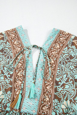 Green Boho Floral Print Backless Drawstring High Waist Maxi Dress