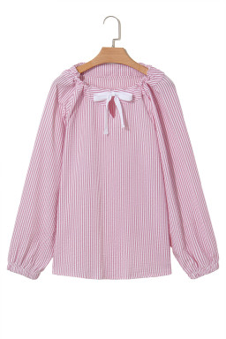 Pink Stripe Bow Tie Front Round Neck Long Sleeve Top