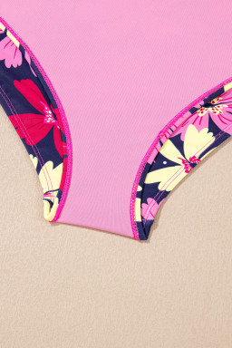 Rose Red Solid Color Cami and Floral Print Panty Tankini Set