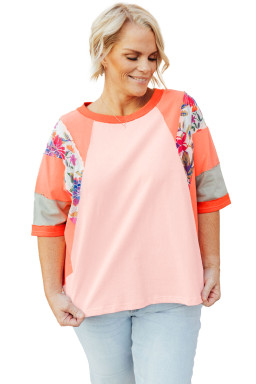 Orange Floral Patchwork Colorblock Plus Size Top