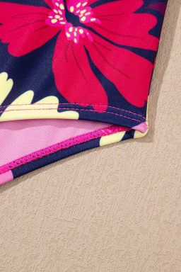 Rose Red Solid Color Cami and Floral Print Panty Tankini Set