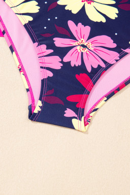 Rose Red Solid Color Cami and Floral Print Panty Tankini Set