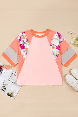 Orange Floral Patchwork Colorblock Plus Size Top